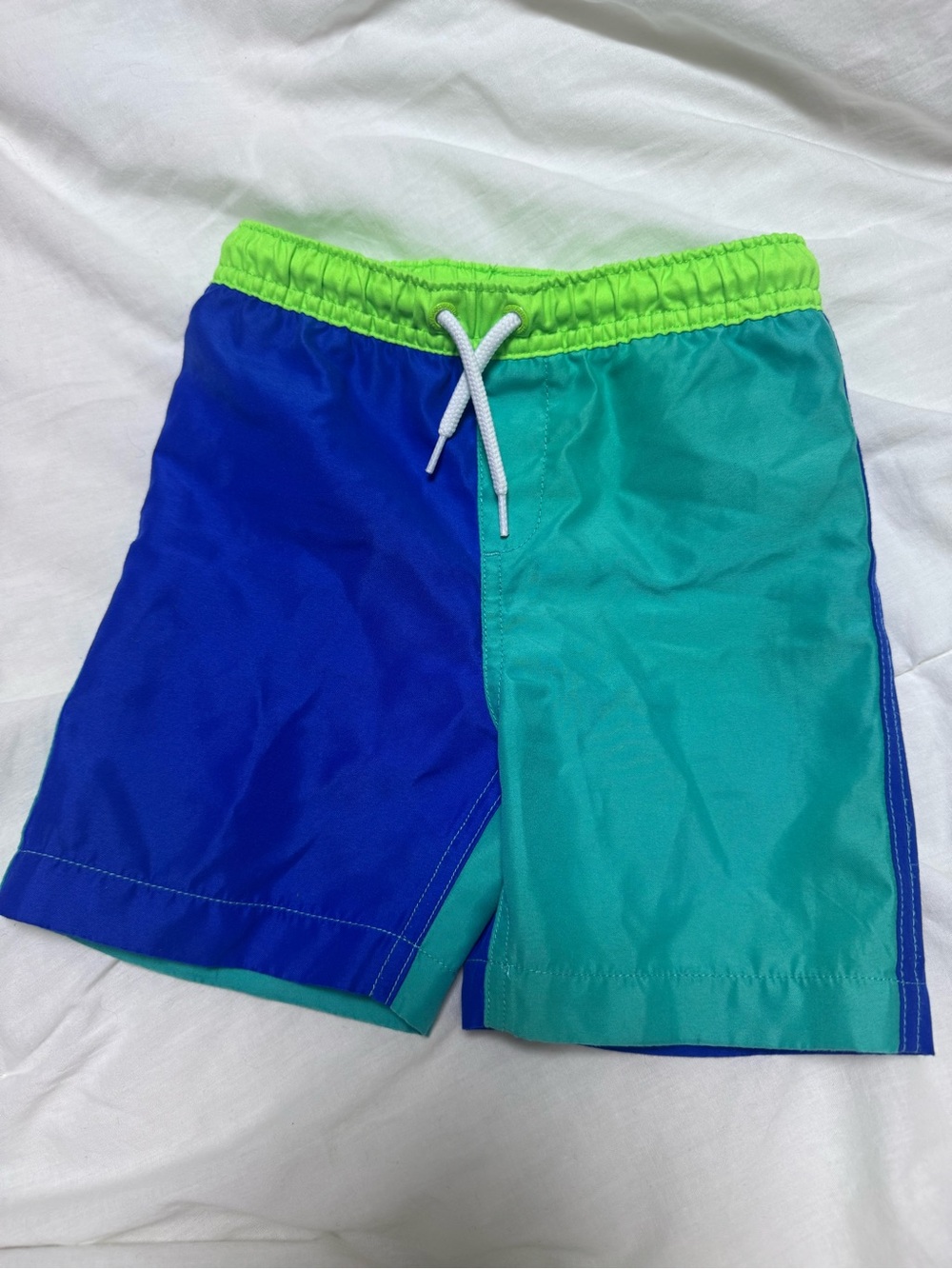 Lands’ End Colorblock Boys Swim Trunks - Blue & Teal with Lime Waist
